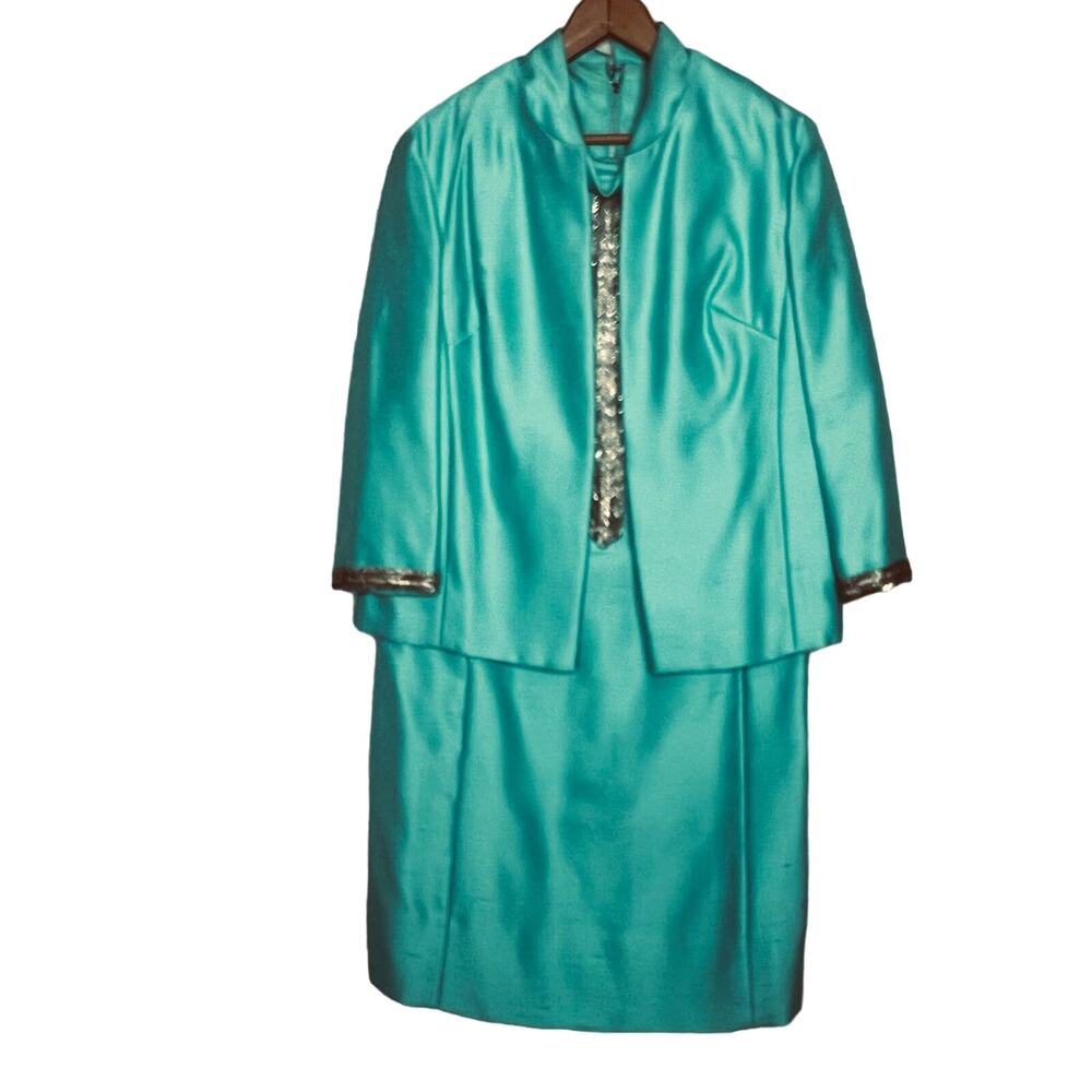 Vintage 60s Size Medium Mod Aqua Shantung Dress Jacket Suit Set Silver Beading